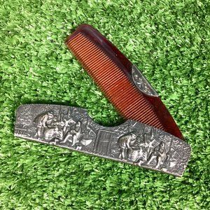 Antique Denmark Silverplate Compact Comb w/ Shell Case